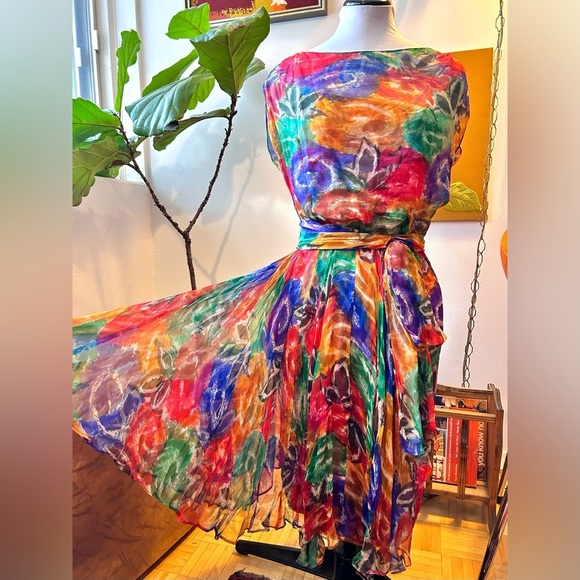 60s/70s Silk Rainbow Watercolor Floral Cocktail Party Dress - Picture 1 of 8